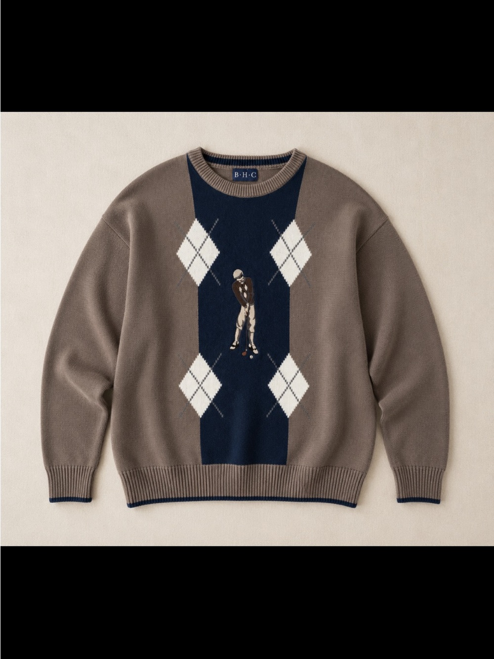 Y2K BHC Golf Sweater Men Medium Brown Argyle Golfer Graphic Cotton Knit Preppy